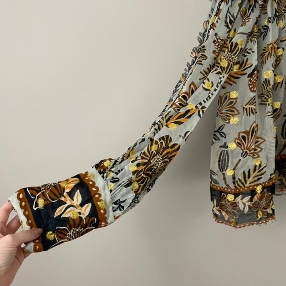 Farm Rio Silver Metallic Floral Beehive Tapestry Long Sleeve Blouse Size Large - Picture 6 of 8